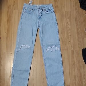 Light Blue Straight Ripped Womens Jeans